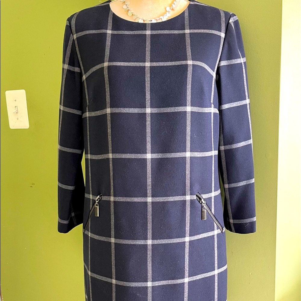 Phase Eight 🇬🇧Navy/White Sheath Dress.  UK12/US8 Lined Career MIDI-Dress